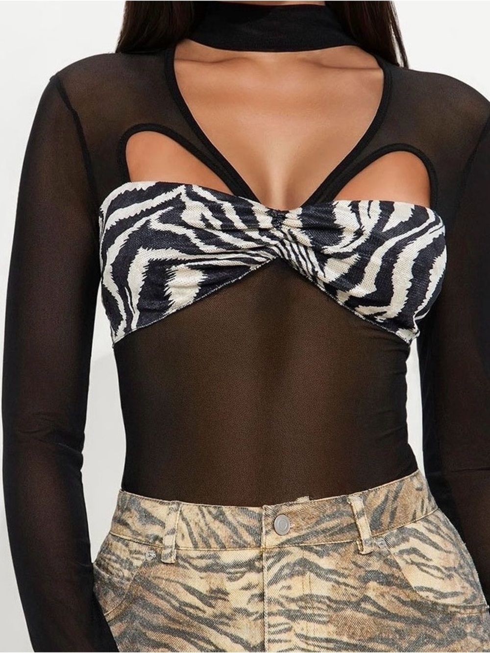 Black Long-Sleeve Top with Zebra
